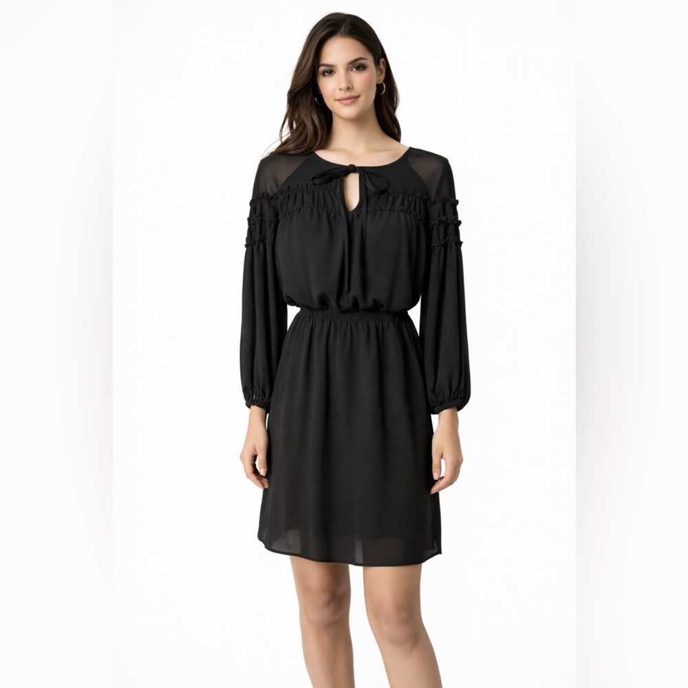 Max Studio Dress Black L Large 3/4 Sleeve Smocked Blouson